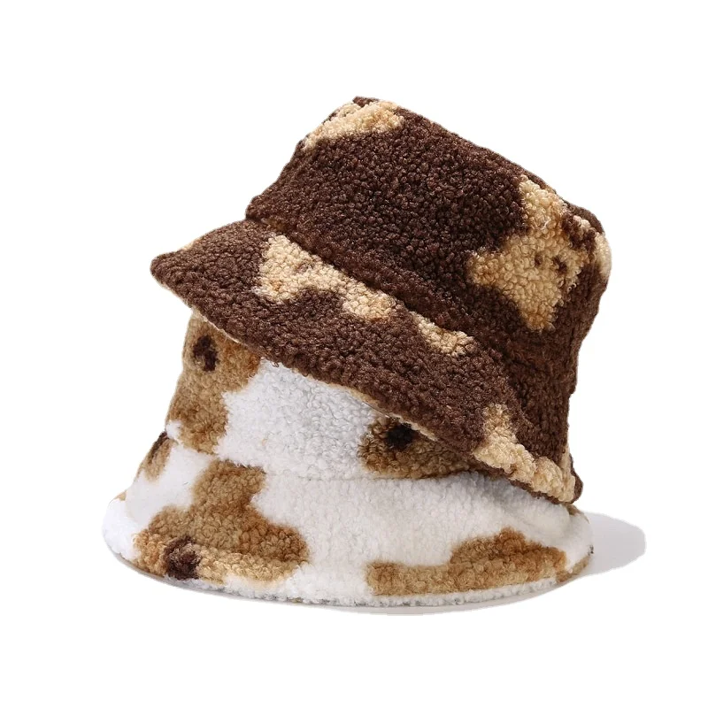 

2021 Winter Bucket-Hats Warm Cute Bear for Women Thickened Soft Panama Hat Fashion Cloche Faux Fur Soft Lamb Wool Fisherman Cap