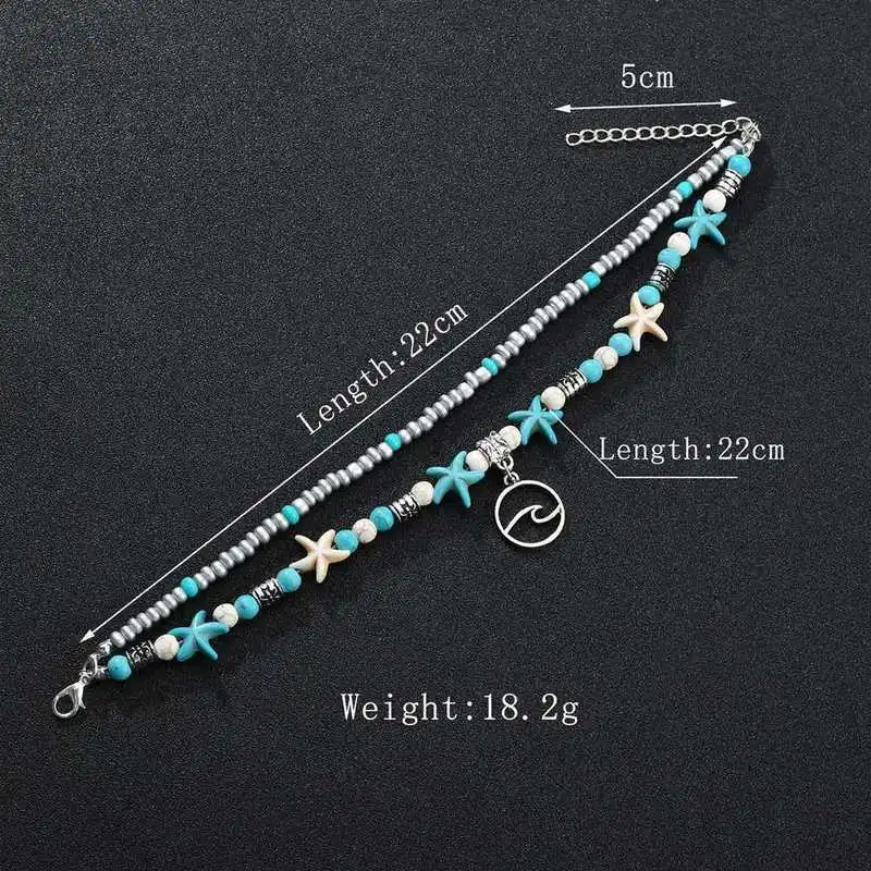 Bohemian Beach Wave Starfish Beaded Foot Chain Anklets Double Layered Pendant Adjustable Ankle Bracelets on Leg for Women | Украшения и