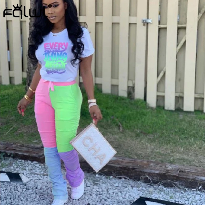 FQLWL уличная одежда пэчворк неоновый летний комплект из двух частей женская