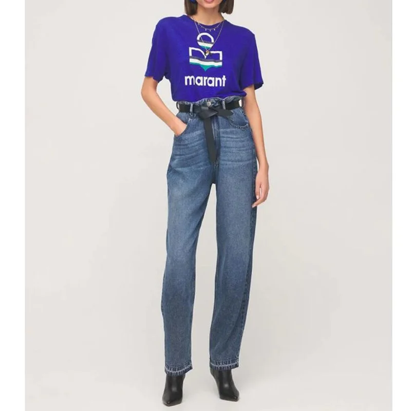 

Geometric Pattern Letter Print Tee Women's White or Blue Short-sleeve O-neck Casual Summer 2021 Female T-shirt and Tops