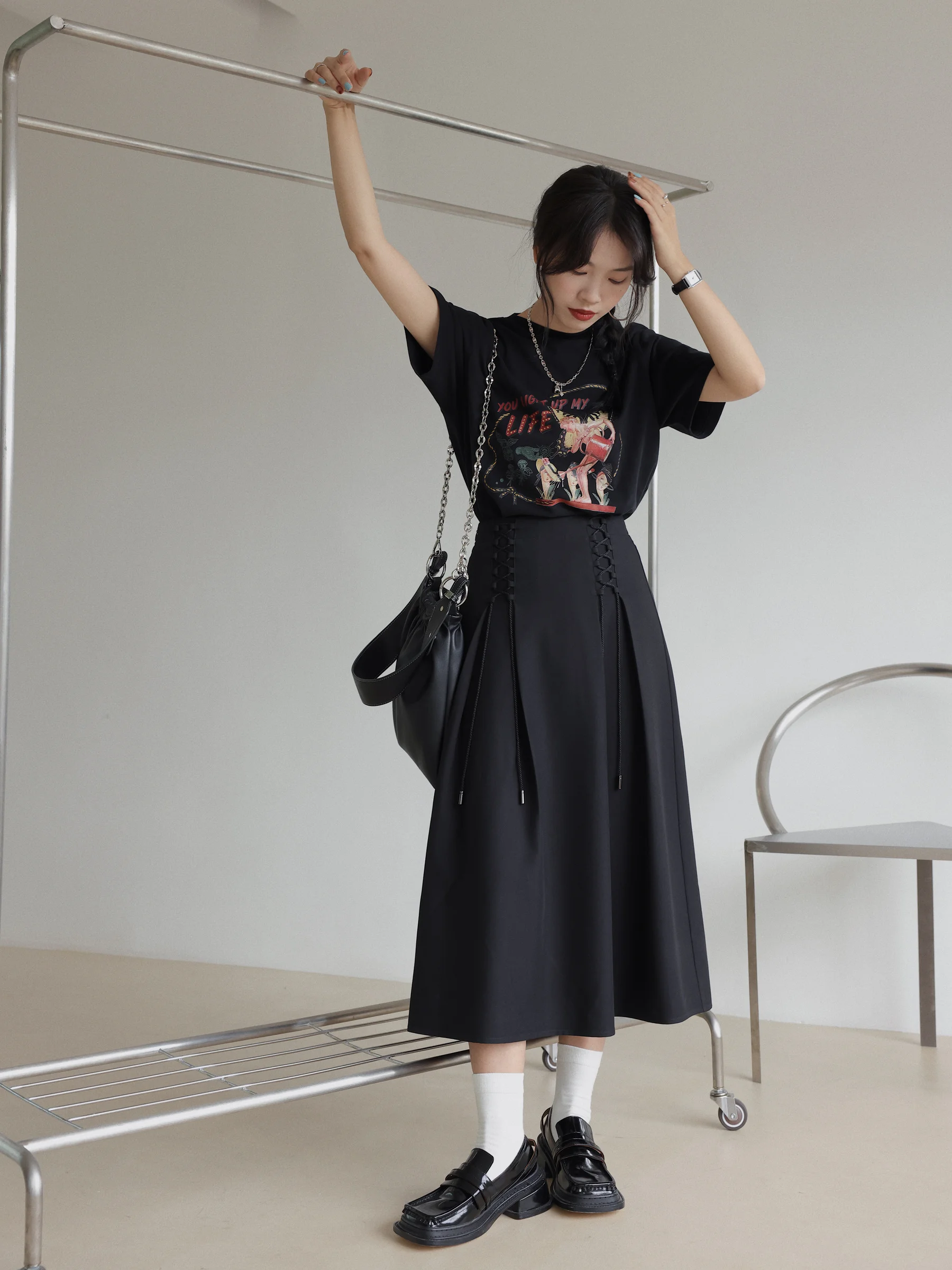 Женская юбка со шнуровкой плиссированная трапециевидная с высокой талией серого