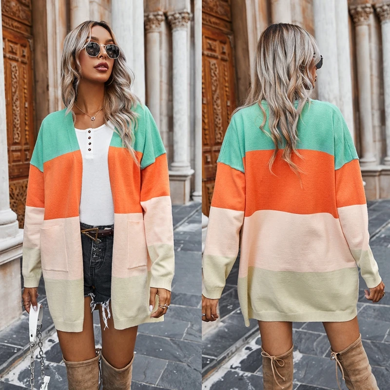 

Women Winter Color Block Patchwork Stripes Cardigan Long Sleeve Open Front Knitted Sweater Coat Casual Loose Outwear with Pocket