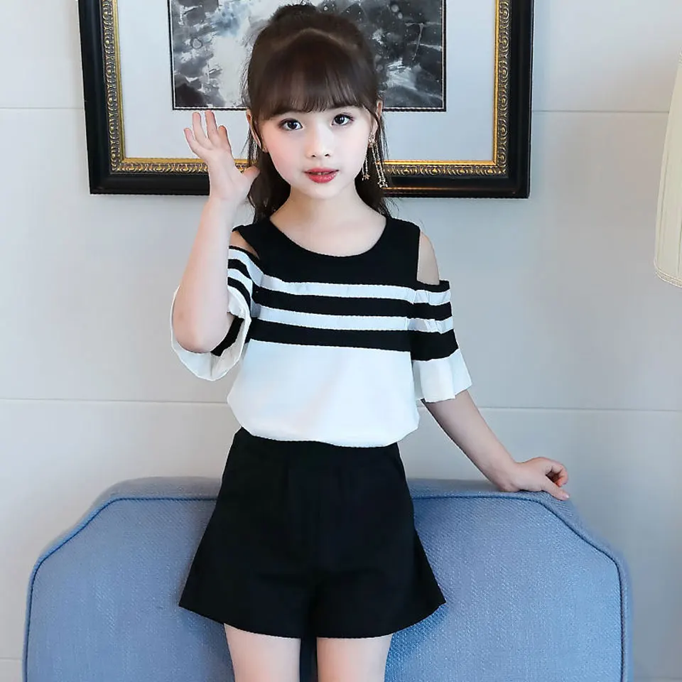 Купи 2Pcs Toddler Baby Kid Girl Clothes Sets Summer t-shirt Tops+Black Shorts Clothes For 3t 4 6 8 10 12 Year Girl Clothes Outfits за 1,115 рублей в магазине AliExpress