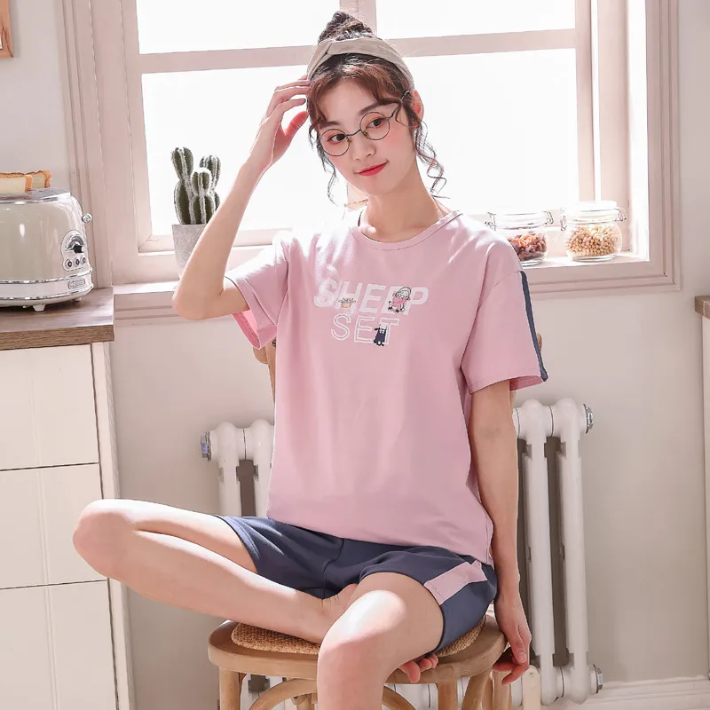 Women Pajamas Sets Suits Lovely Home Suit 100% Cotton Pyjama For Sleepwear Short Sleeve Top + Shorts Pyjamas Pijamas Mujer | Женская