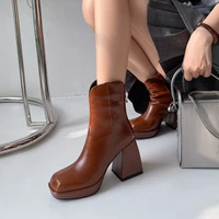 split toe boots women real leather ninja tabi boots genuine leather chunky heel ankle boot cow leather woman high heels shoes