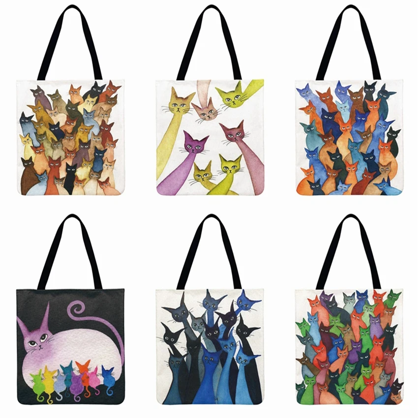 

Cute Whimsical Cat Printed Tote Bag Linen Febric Casual Tote Foldable Shopping Bag Reusable Beach Bag Women Shoulder Bag