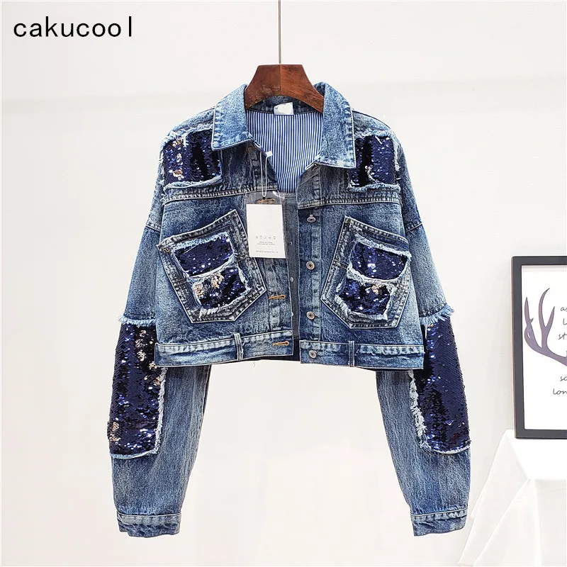 Cakucool Spring Autumn Women Harajuku Blue Sequined Denim Jacket Coat Ripped Bling  Jean Jackets Student Basic Short Coat Outfit