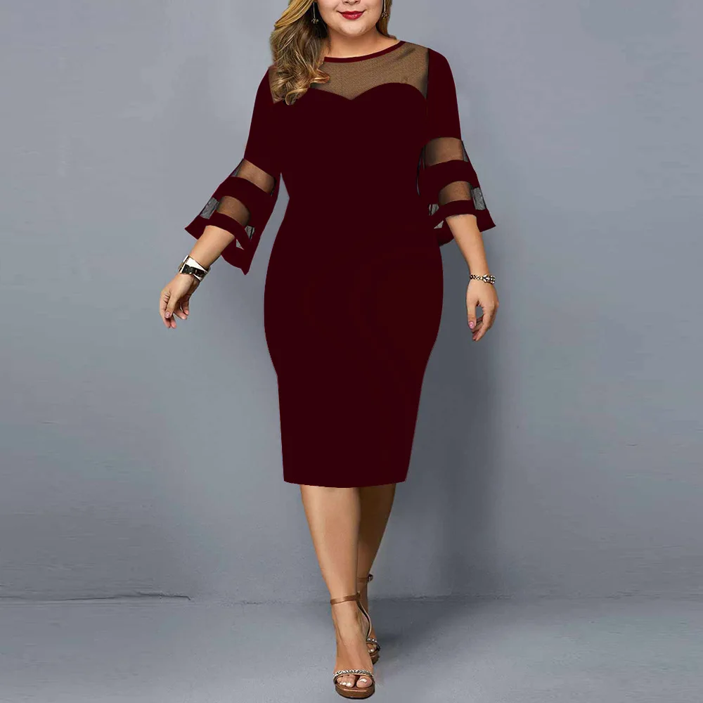 Plus Size Dresses for Women 4xl 5xl 6xl Casual Solid Large Party  Lace Mesh Sleeve 2022 New Year's Chic Women Midi Dress