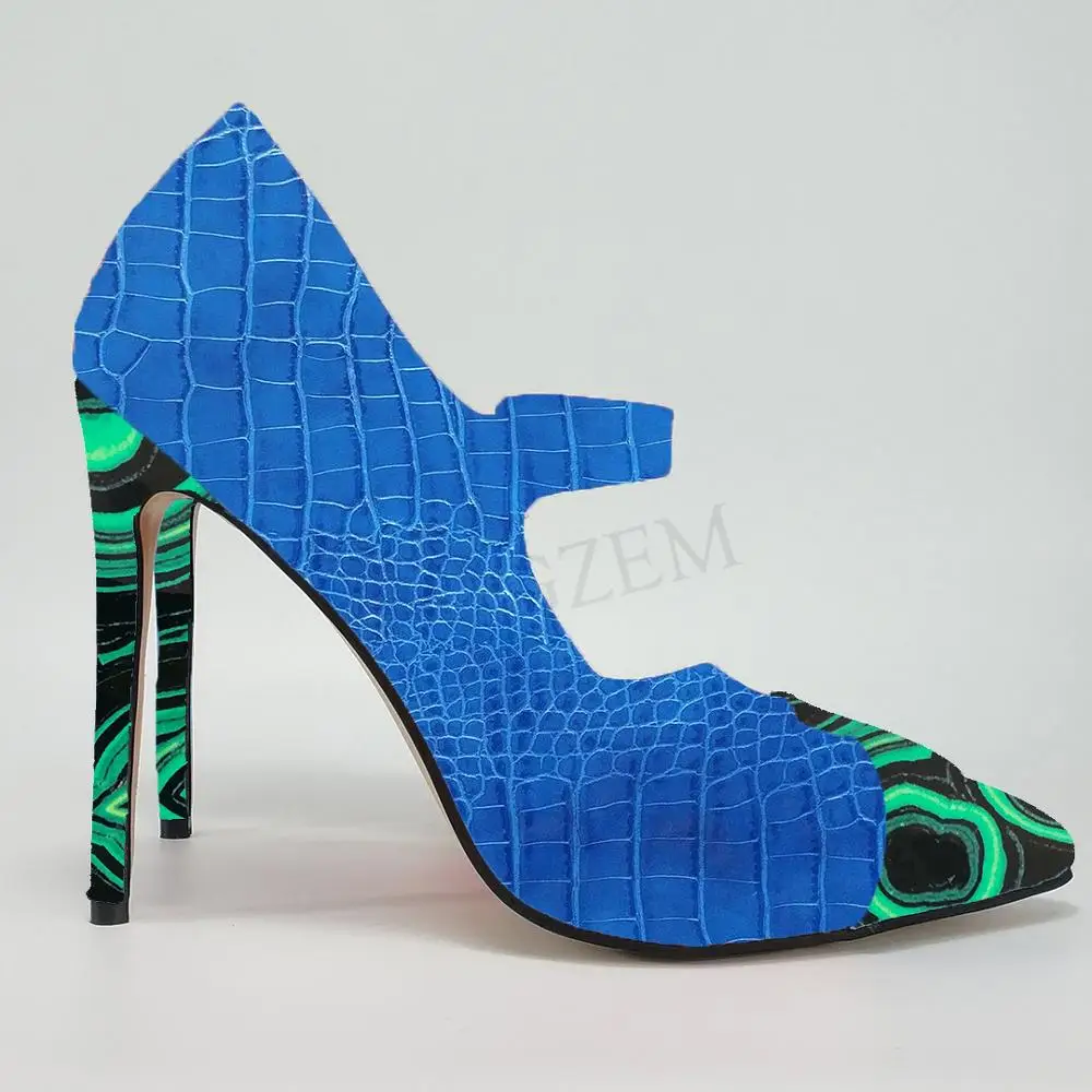 LAIGZEM Blue Crocodile Mary Janes Women Heels Stiletto Pumps FASHION 4 Seasons Shoes Woman Zapatos Large Size 45 46 47 | Обувь