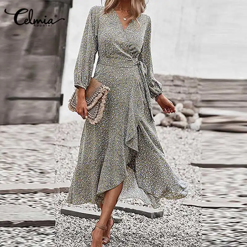 

Женское богемвечерние вечернее платье Celmia, элегантное осеннее платье миди с пышными рукавами и оборками, Бандажное платье с V-образным выре...