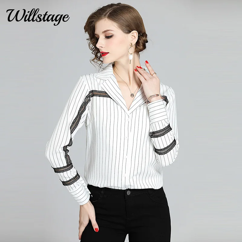 

Женские рубашки в полоску Willstage, кружевная Лоскутная Блузка, комбинированные рубашки с изображением персонажа, блузка с длинным рукавом и в...