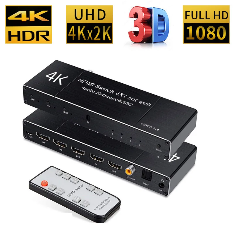 Robotsky 4K 60Hz HDMI 2,0 коммутатор 4X1 сплиттер матрица 4 в 1 выход SPDIF 3,5 мм аудио экстрактор ARC с ИК-пультом дистанционного HDMI адаптер