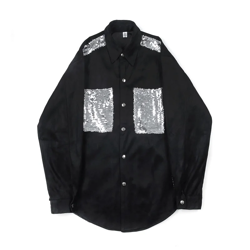 

M-XL!Douyin net red personality bright sequin splicing hit color Korean trend handsome shirt stage wear spring jacket men.