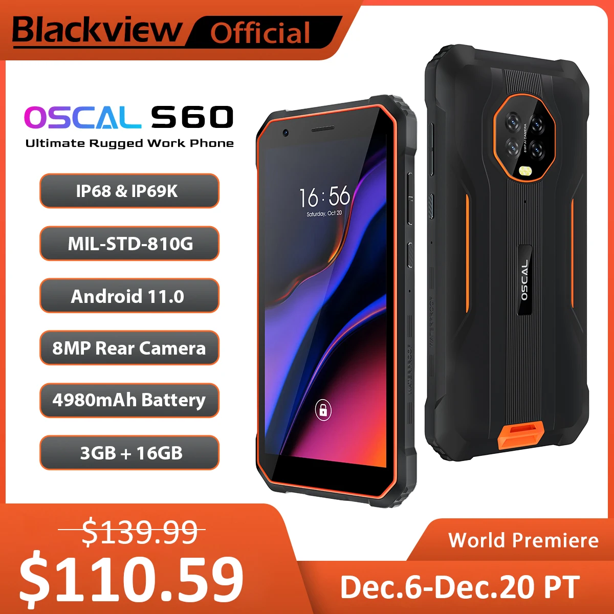 Blackview New Oscal S60 Rugged Smartphone Android 11 IP68 Waterproof Mobile Phone 3GB RAM 4980mAH MTK Phone 5.7inch 4G Celular