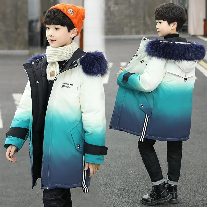 

Teenager Warm Gradient Coat for Boy With Fur Hoodies Kids Winter Clothes Teenage Winter Jacket Outerwear Fur Hooded Parka Outfit