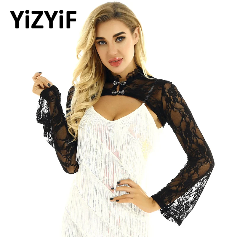 

Women Lace Crop Top beach cover up Vintage Stand Collar Long Flared Sleeves See Through Sheer Lace Crop Top Form Fitting Shrugs