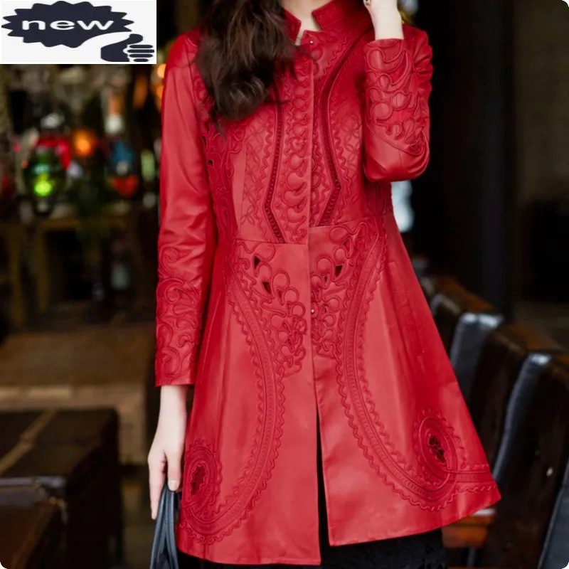 

Женское облегающее платье из натуральной кожи, красное платье-Тренч с вышивкой, пальто из овчины с длинным рукавом, верхняя одежда