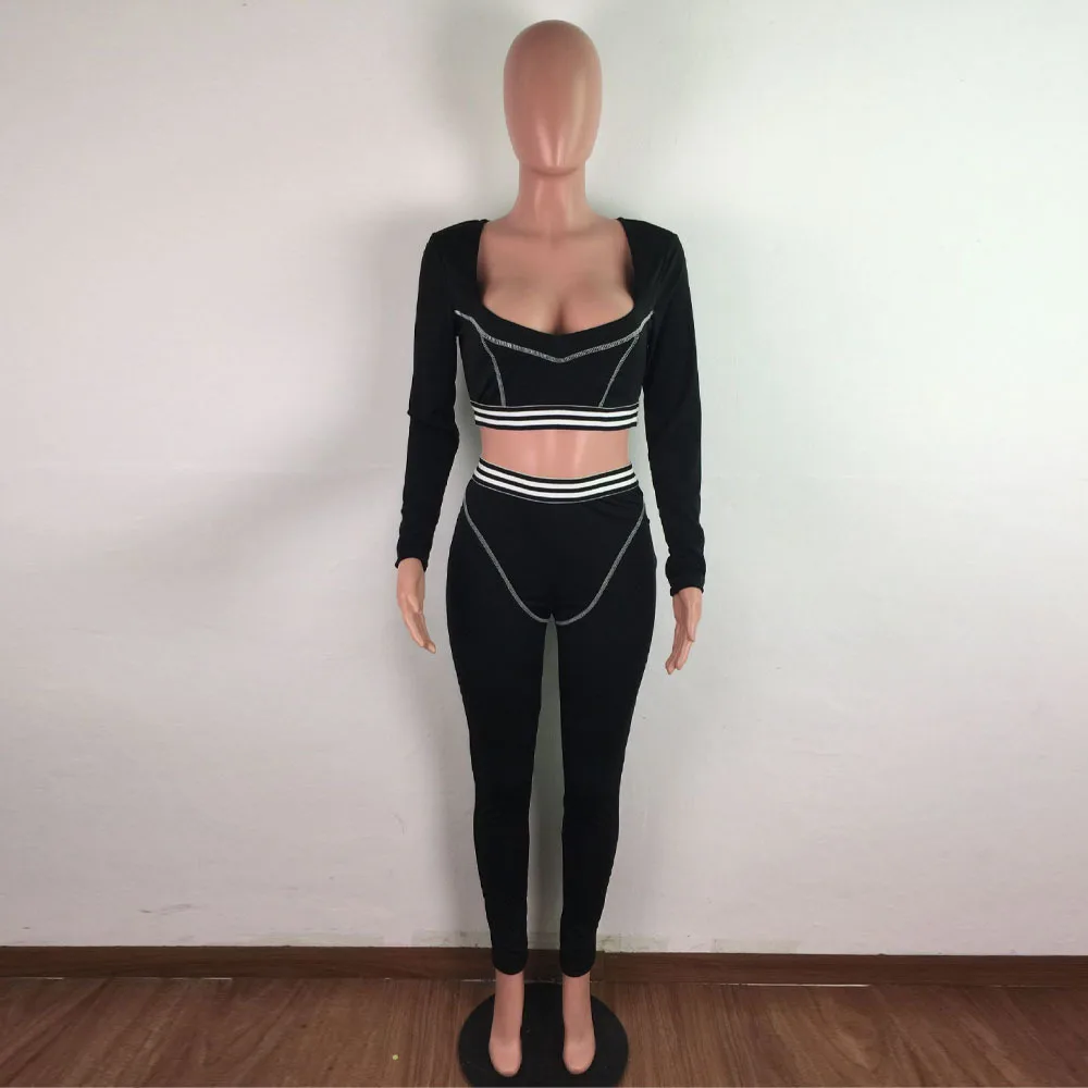 

Striped Patchwork Fitness Tracksuit Women's Set Deepv-neck Long Sleeve Skinny Crop Top+sporty Legging Activewear Two Piece Sets