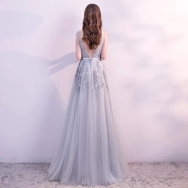 

Prom Dresses Long 2021 Elegant Long V-neck Tulle Lace Applique Sleeveless A-line Hot Selling Vestidos De Graduacion