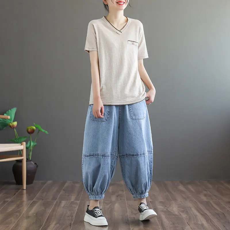 

Denim Knickerbockers Women's Art RETRO Loose Large 2021 Summer New Versatile Elastic Waist Leggings