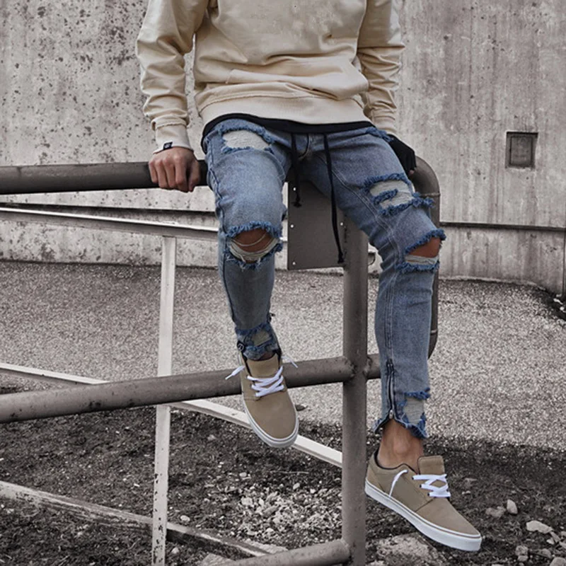 Мужские модные рваные джинсы скинни с рваными дырками мужские облегающие