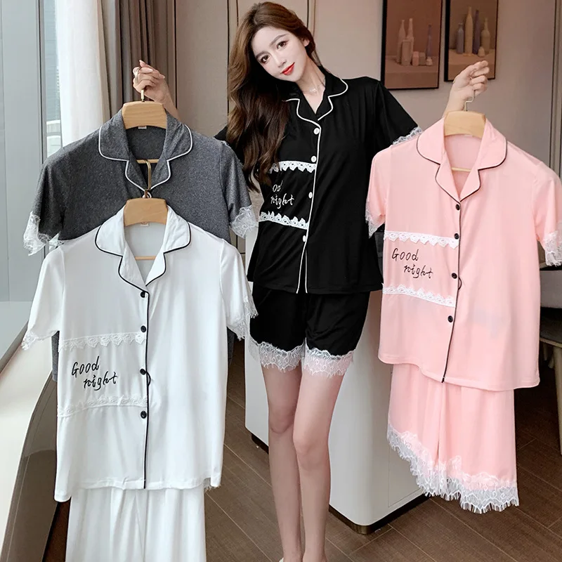 Goodnight Nightwear Summer New Cardigan Lace Pajamas Set Women's Loose Fitting Housewear Lady Sleepwear Female Nightgown