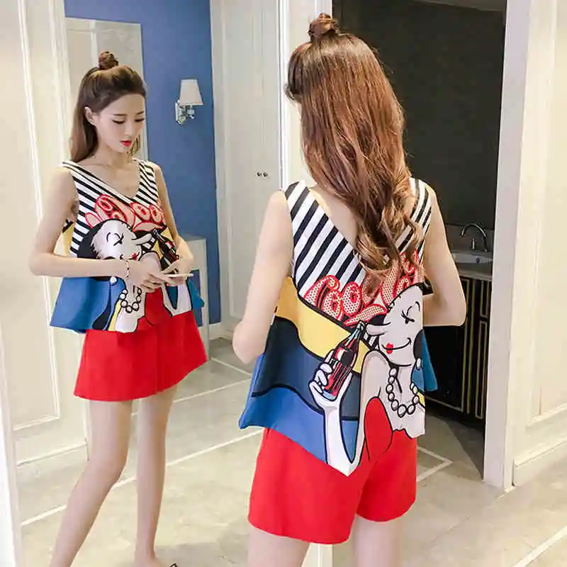 Camiseta holgada de manga corta para mujer, traje para casa con estampado de dibujos animados, verano 2021