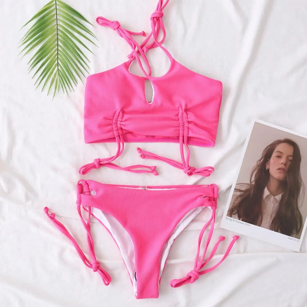 Women Swimsuit Solid Color Pink Bikini Set Bandeau Bandage Push-up Brazilian Swimwear Beachwear Sexy Two-Piece Suits |