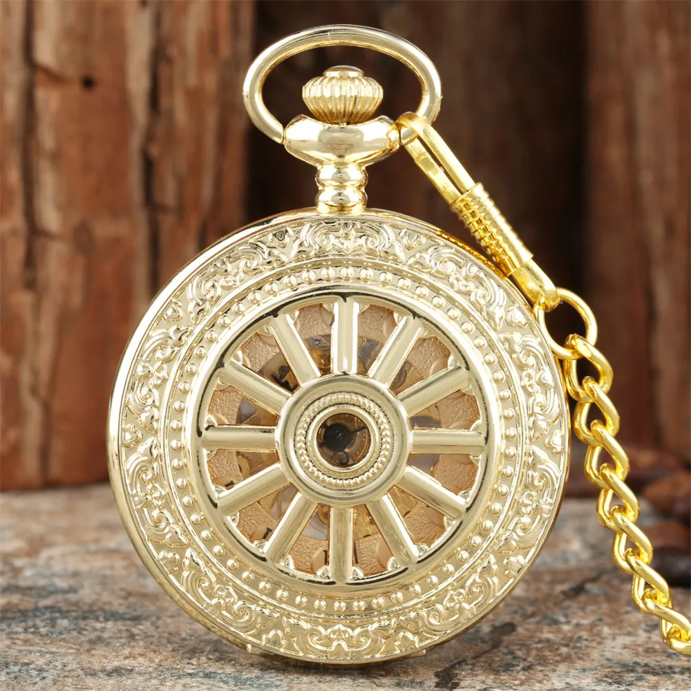 Black/Silver/Gold Hollow Wheel Pattern Mechanical Hand Winding Pocket Watch Vintage Pendant Clock Gifts Pocket Chain Timepiece