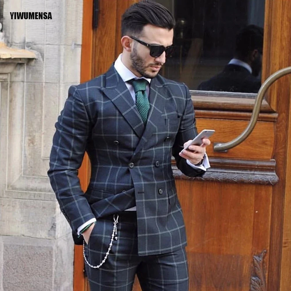 

Groom Man Business 2 Piece Set Plaid Double Breasted Jacket With Pants Mens Suits For Wedding Blazer Office Work Wear Prom Gowns