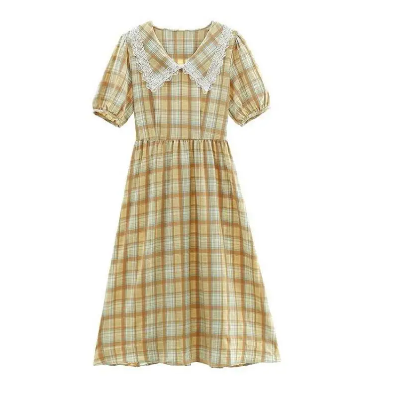 

England Style Summer Women Long Dress Peter Pan Collar With Lace High Waist Midi Dress Vintage Elegant Plaid Femininos Vestidos