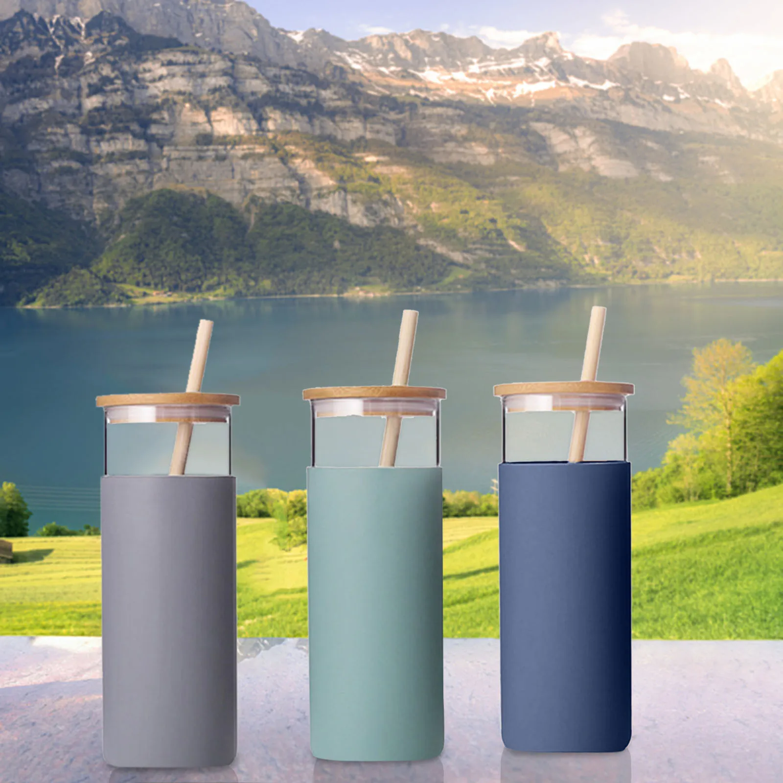 Силиконовая стеклянная трубочка чашка для воды креативная бамбуковая крышка