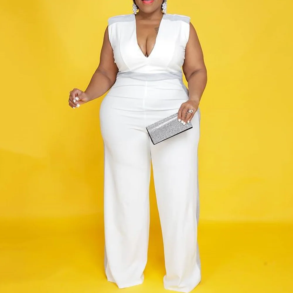 

Elegant White Party Plus Size Jumpsuit Women Summer 2021 Big Sizes Overalls Fashion Sexy V Neck Sleeveless Long Jumpsuits 5XL