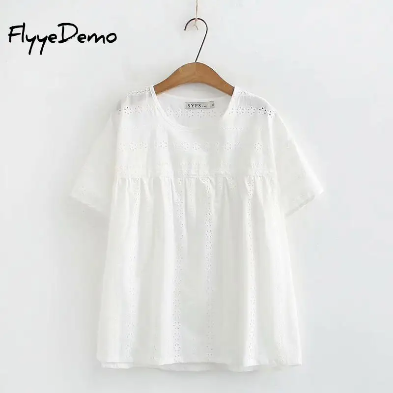 

Clothes Women Plus Size 4XL Casual Loose Hollow Out T-Shirt Women 2021 Summer O-Neck Short Sleeve Cotton Linen T-Shirt Femme