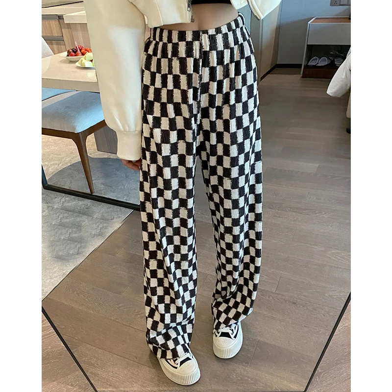 

Шахматные клетчатые брюки с высокой талией, осень и зима, новые вертикальные тонкие прямые напольные швабры, повседневные широкие брюки