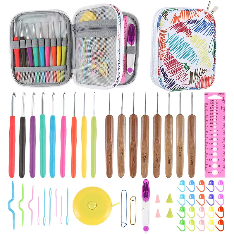 

Ergonomic Aluminum Crochet Set Rubber & Bamboo Handles for Beginner Hand Knitting Crochet Needles Accessories Set