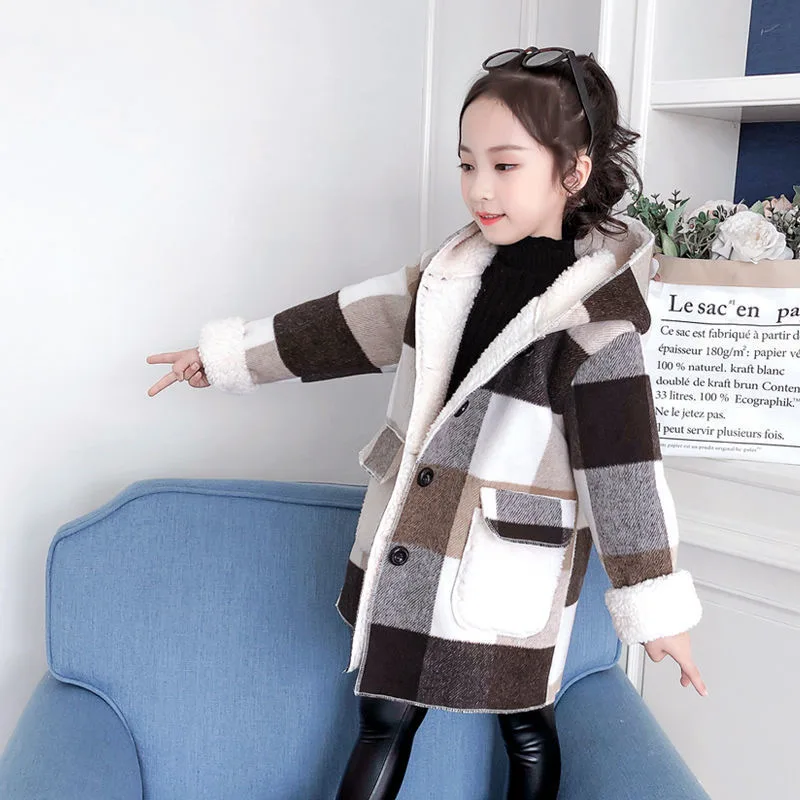 

3-13 Years 2020 Winter Girls Cotton Long Jackets Kid's Outerwear Clothes Toddler Children Clothes Casual Hooded Plaid Woolen Co