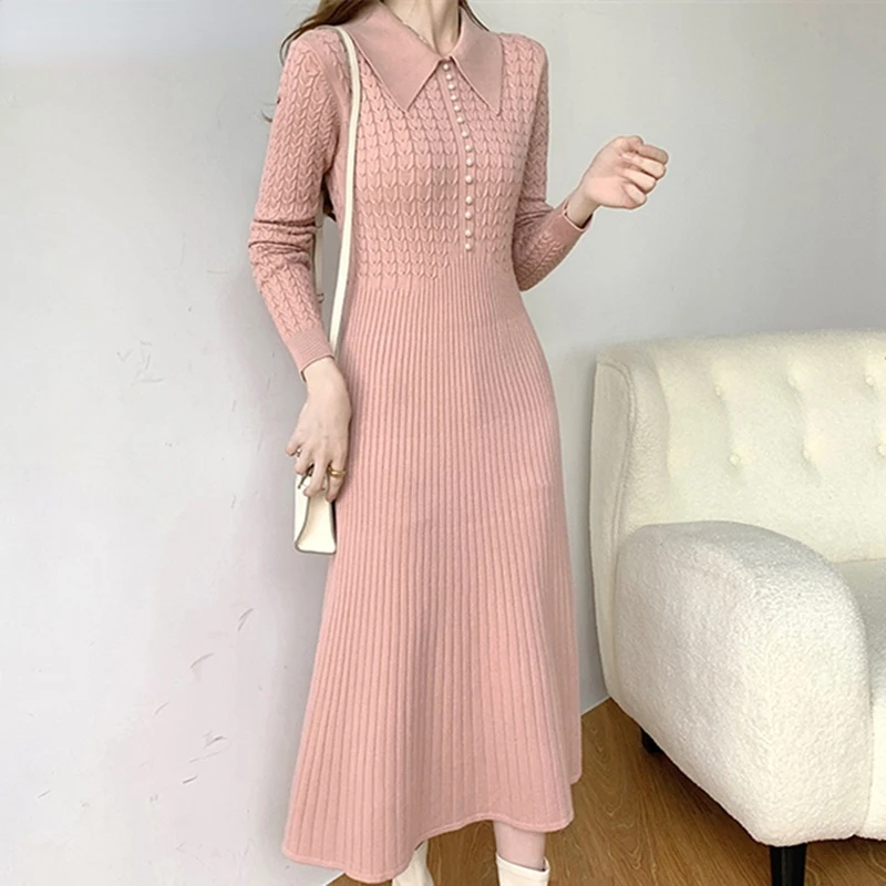 

Новинка 2022, вязаное модное винтажное базовое элегантное женское длинное платье розового цвета Aibeautyer, осенне-зимнее женское платье