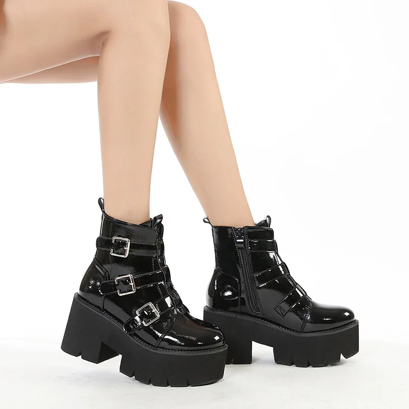 Lace-up Belt Buckle Ankle Women's Boots New Thick Sole Chunky Heel Motorcycle Boots 2021 Autumn Winter Footwear