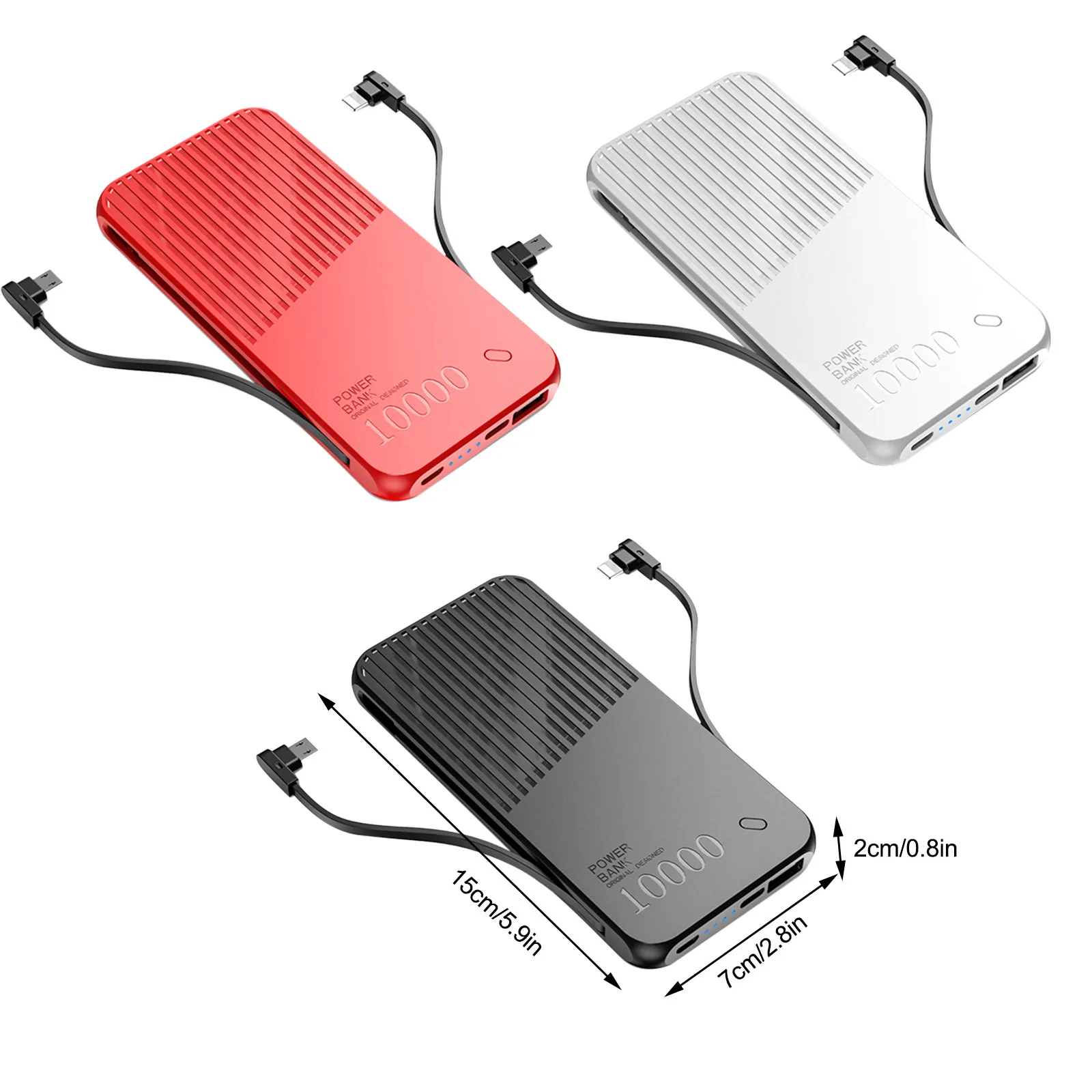 

10000mah Mini Power Bank Large Capacity 2.0A Fast Charging Portable Mobile Power Supply Phone Chargers With Dual Charging Cables