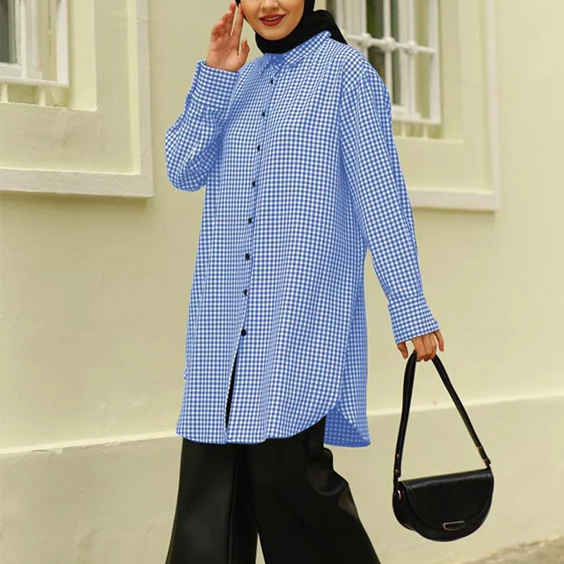 

Spring Mandarin Collar Tops ZANZEA Women Muslim Dubai Blouse Casual Plaid Morocco Abaya Blouse Shirts Print Chemise Tunic S-