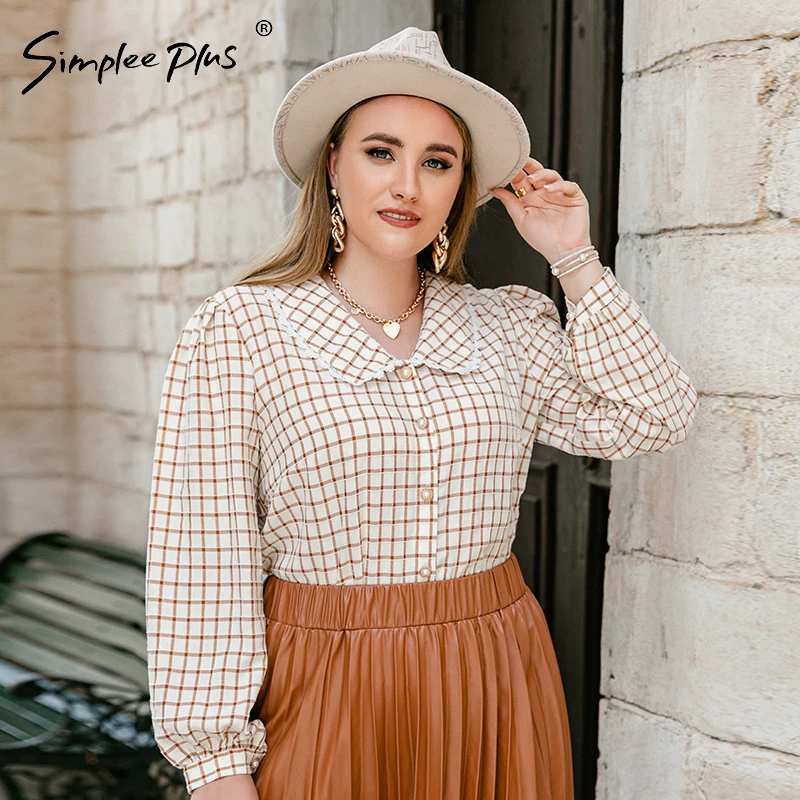 

Simplee Plus Office plaid plus size women shirt Causal v-neck brown female blouse 4XL Gingham square pattern oversize lady tops
