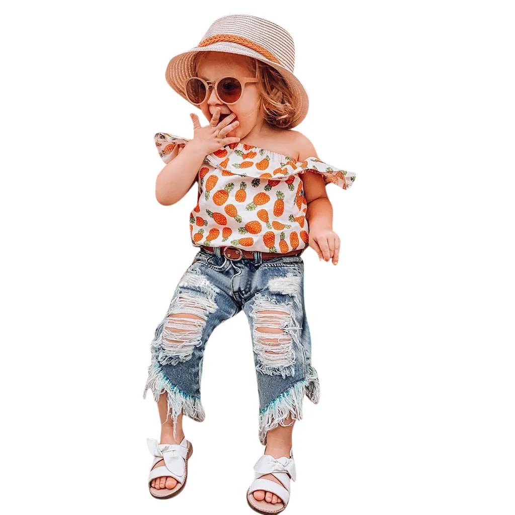 

Toddler Baby Girls Outfits Clothes Pineapple Print Shirt Top+Hole ripped jeans Set two-piece suit For kids clothing L1225