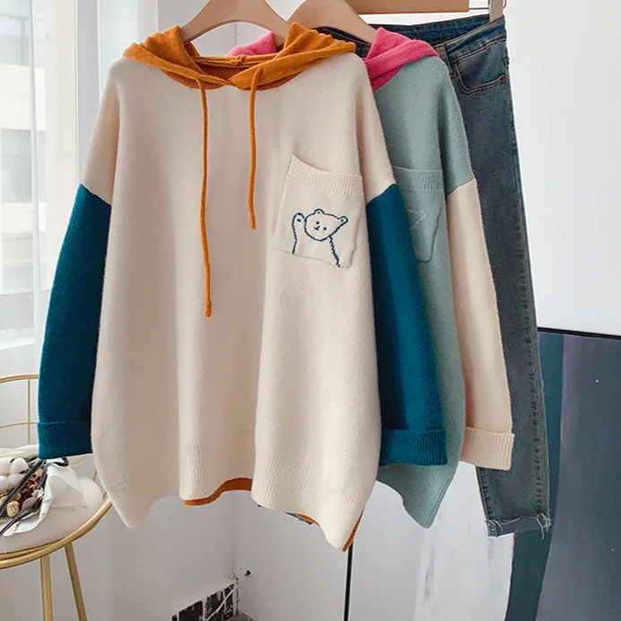 

2021 New Women Winter Clothes 2020 Hooded Sweaters Cartoon Patchwork Knitted Pullovers Pocket Hooded Pullover Knitwear