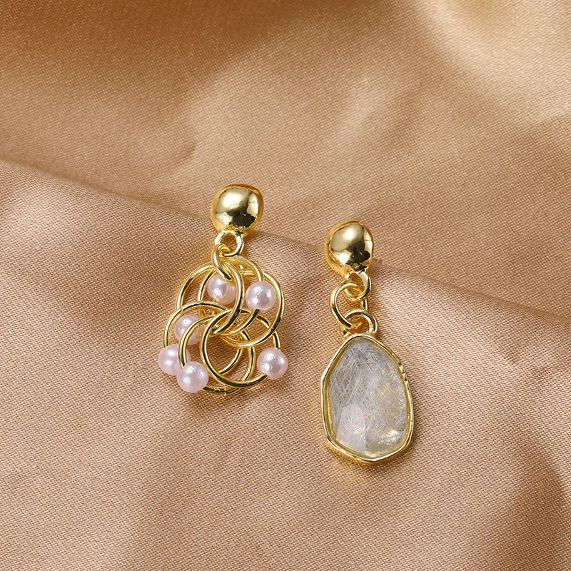 Korean Asymmetric Retro Crystal Pearl Niche Premium Sense Temperament Net Red Circle Personality Design Earrings Sale Bohemian | Украшения