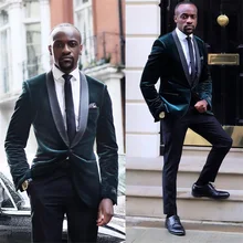 Terno dos homens do vintage 2 piece feito sob encomenda verde veludo jaqueta + calças pretas ternos de negócios formais definir trajes hommes (4)