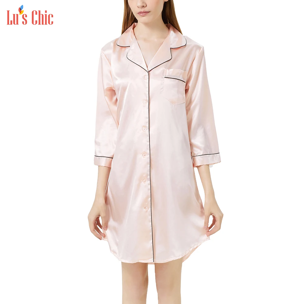 

Lu's Chic Silk 3/4 Sleeve Short Satin Pocket Loose Soft V Neck Boyfriend Nightgown Oversized Women's Sleepwear Dress Loungewear
