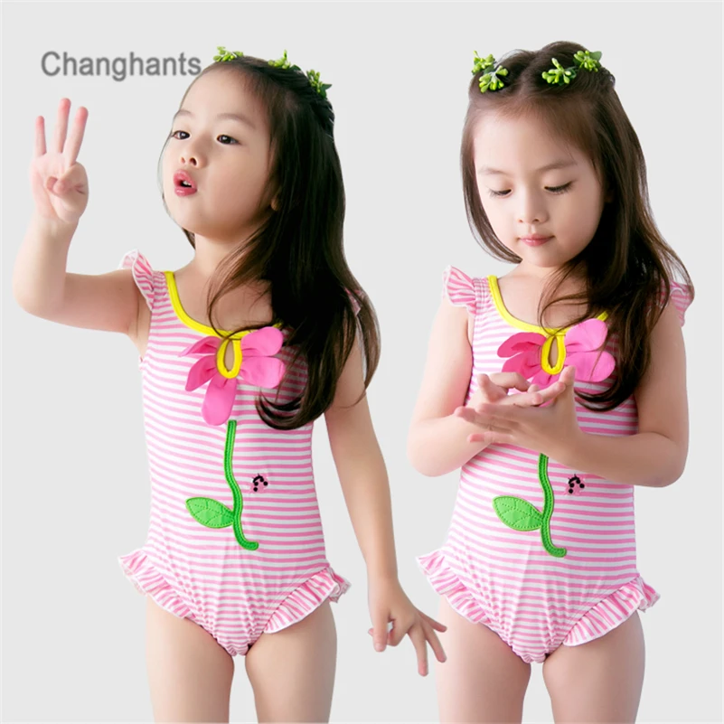 

Girls One Piece Swimsuit with Pink Striped Flowers Pattern 1-8 Y Kids Swimwear Children Bathing Suit Baby Sandy Beachwear