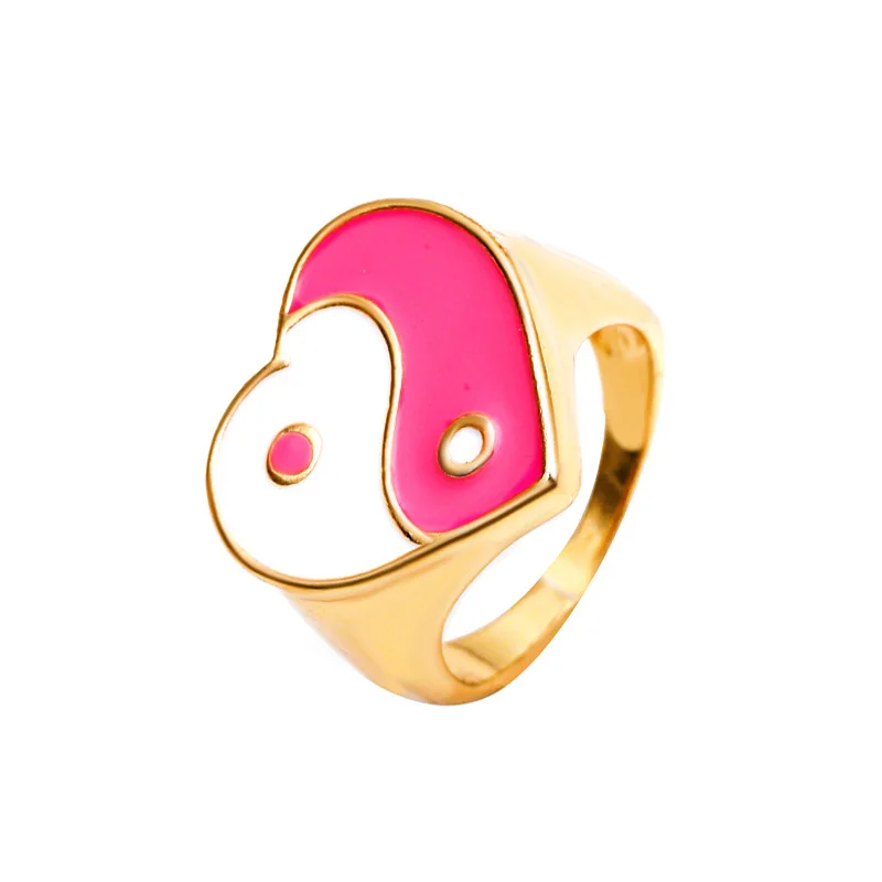 YIng yang pink heart rings for women big blue enamel statement rings for teenage egirls y2k jewelry harajuku cute 90s aesthetic images - 6
