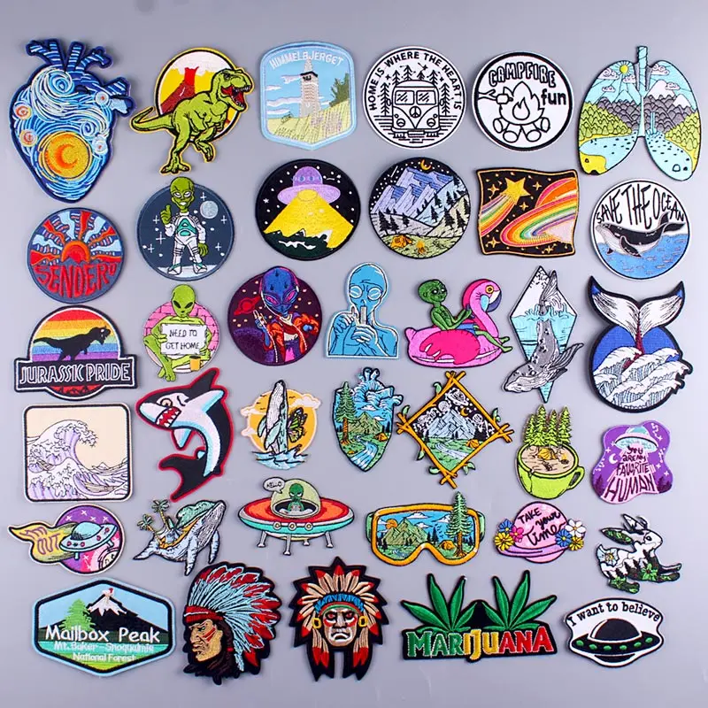 

UFO Alien Stripe Patch Stickers Iron On Patches For Clothing Mountain Embroidered Patches For Clothes Appliques For Jacket Badge